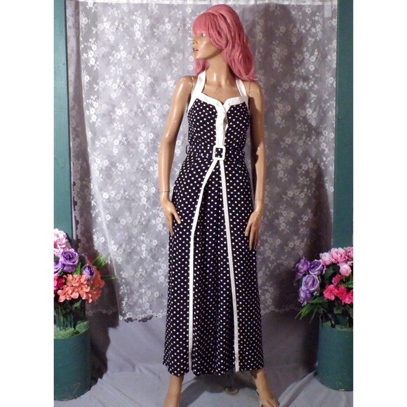 Cache Vintage 90s Jumpsuit 1990s Black & White Polka Dot Wide Leg Size Small - Picture 2 of 6